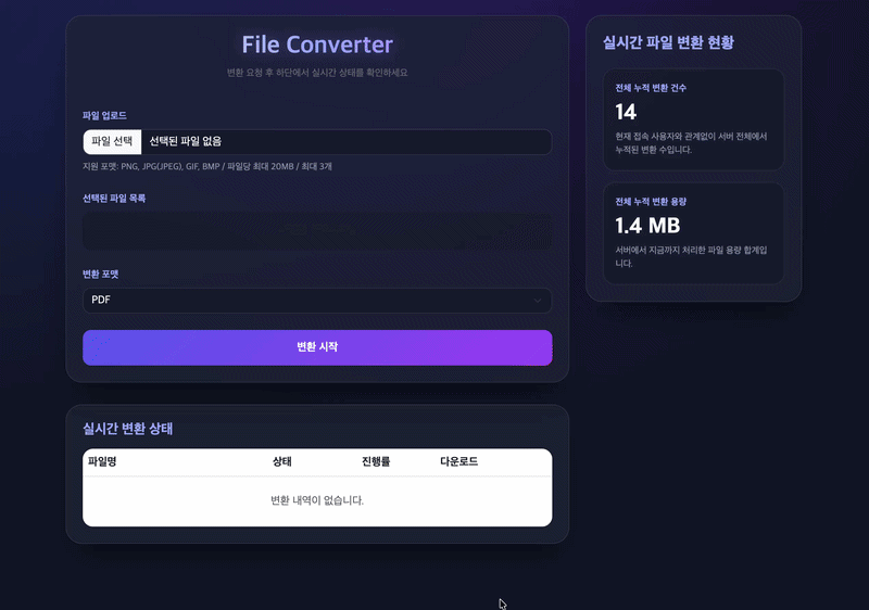 파일 업로드 및 실시간 변환 현황 데모